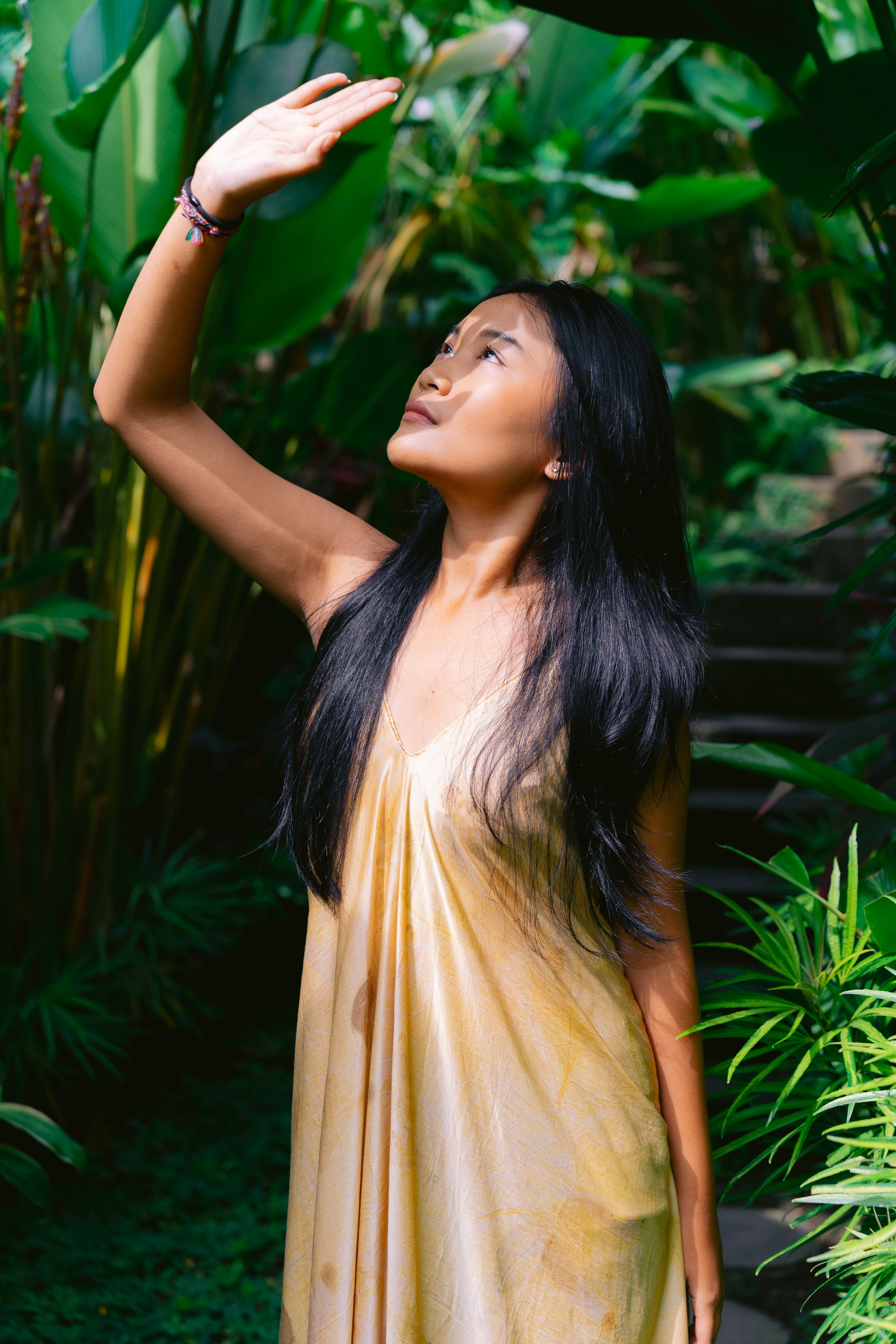 The Goddess – White & Golden Yellow Cotton Silk Eco Print Dress